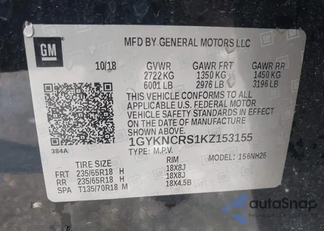 2019 Cadillac Xt5 Luxury z USA, uszkodzony, nr VIN 1GYKNCRS1KZ153155